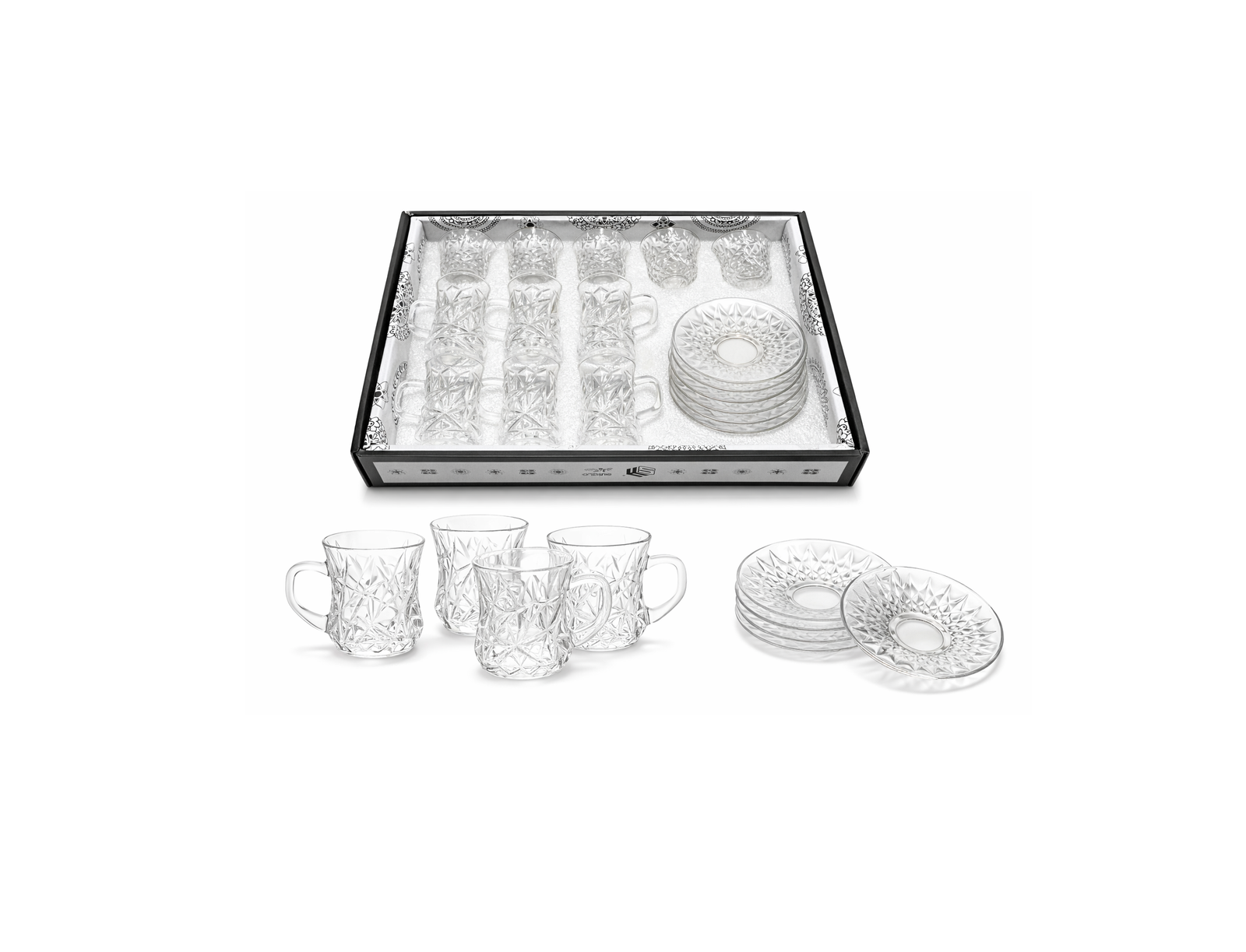 Tea Cup Set - Crystal Clear - with Saucers – 12 Pieces (Cut Glass Design)
